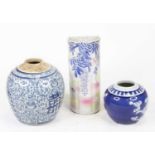 A Chinese export blue and white ginger jar (lacking cover), h.15cm; one other modern example; and