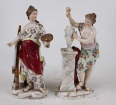 A German porcelain figure of a lady standing beside an easel and holding a palette; together with