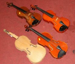 A Primavera student's violin together with two others, and one unfinished example (4)