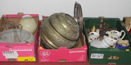 Three boxes of miscellaneous items to include 1930s oak ceiling light shade, Victorian water jugs,