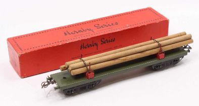 1923-4 Hornby 0-gauge No.2 Lumber wagon, plain, olive-green base, red bolsters (NM) (BE-NM)