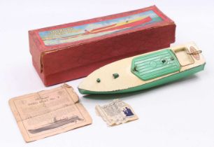 Hornby Speedboat No.2 ‘Swift’ pea green hull & engine cover, cream deck (VG) (BG) with instructions