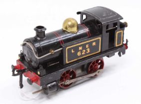 1927-8 Hornby No.1, 0-4-0 tank loco, clockwork, LNER 623 black, 2 pairs red boiler bands. Noticeable