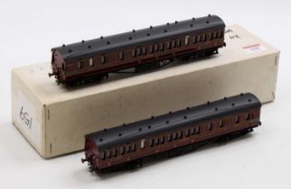 Kit Built, 00 Gauge pair of LMS Brake 3rds, painted and signed by L Goddard, originally Airfix