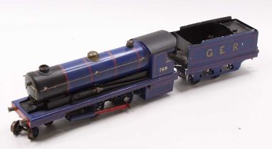 Bowman 4-4-0 loco & tender, live steam, totally repainted in bright blue with red lining and ‘GER’