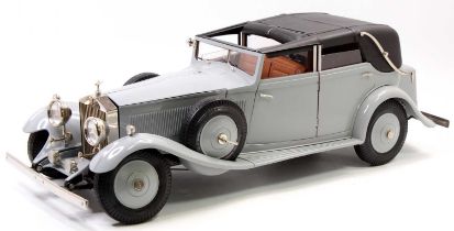 Pocher 1/8th scale kit built model of a Rolls Royce Phantom II, finished in light grey, and housed