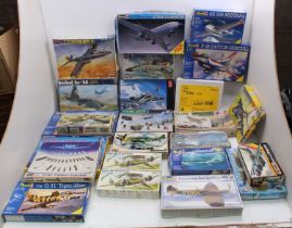 Two boxes containing a collection of mixed scale plastic aircraft kits to include Frog, Matchbox,