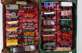 Two large trays containing approx. 35 Hornby goods wagons, mostly boxed (but not always correct
