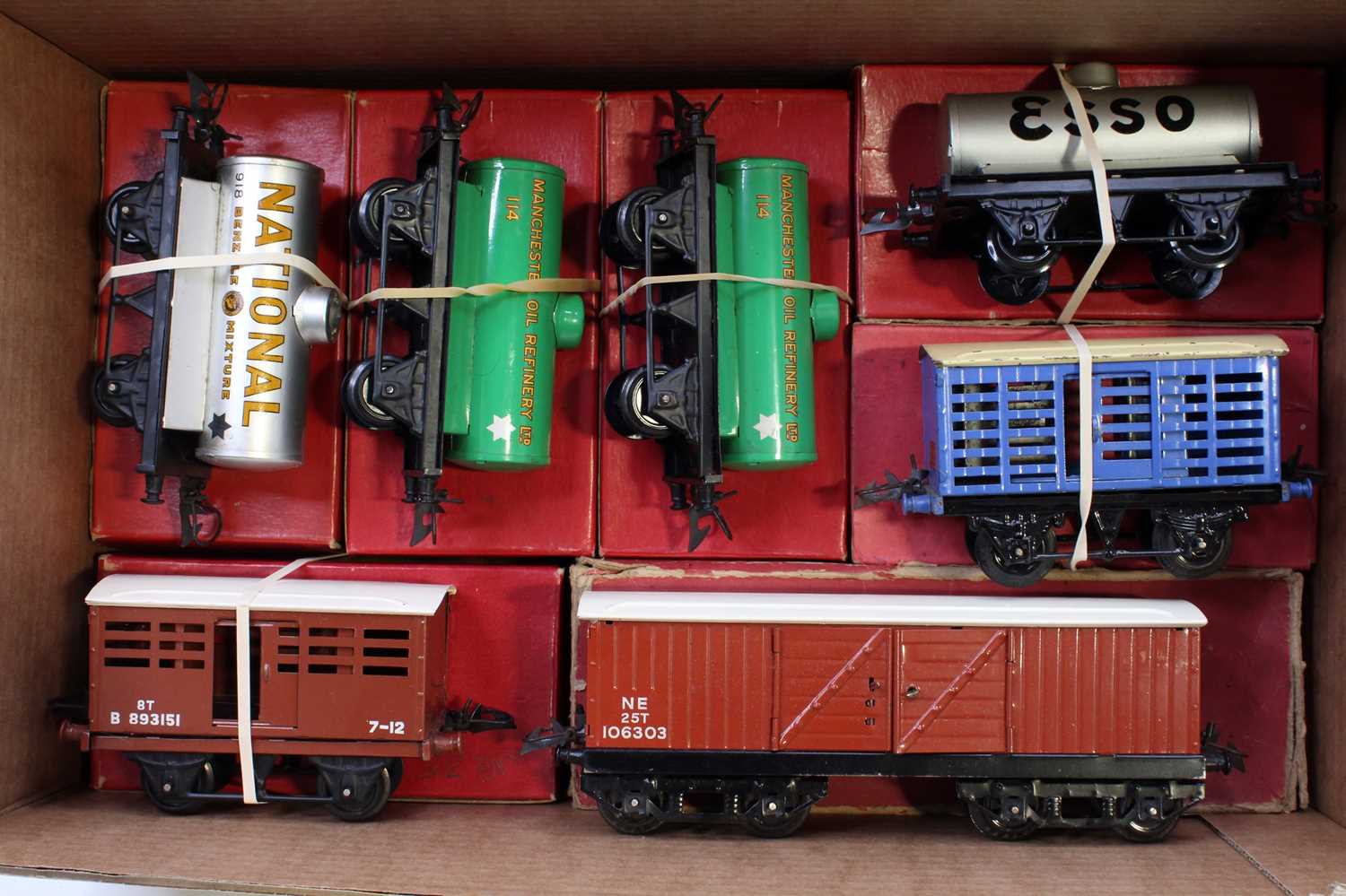 Seven Hornby post-war goods wagons, all post-war none are No.50 style: four tanks – National;