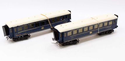 Two kit/scratch built CIWL bogie coaches, blue. Metal sides possibly supplied ready painted,
