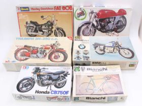 A collection of six various boxed mixed-scale plastic motorcycle and pushbike plastic kits to