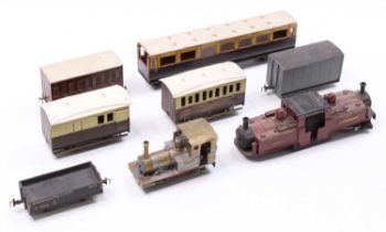 Tray of narrow gauge, mainly Welsh items. Fairlie loco; 0-4-0 loco with six items of rolling
