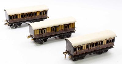 Three Bing bogie coaches, 9 ¾” over buffers, GWR brown & cream, white roofs with minor crazing to