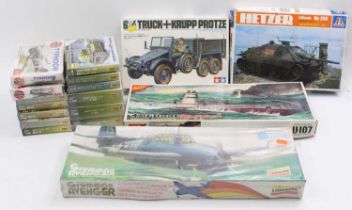 One tray containing a quantity of as-issued and part-started plastic kits to include Italeri,