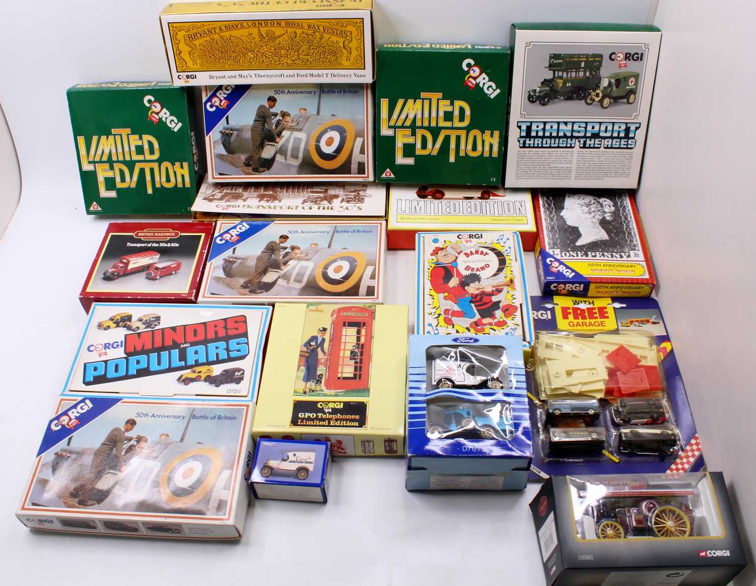 A large collection of 18 Corgi Toys modern issue diecasts, with examples including a Vintage Glory