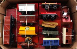 Twelve post-war Hornby goods wagons: one each No.2 NE goods van; flat wagon; NE goods brake; lumber;
