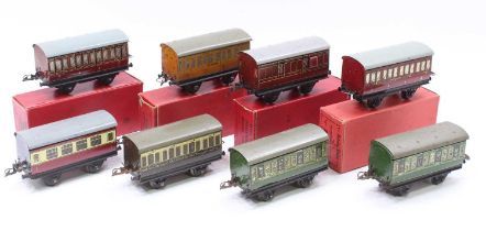 Eight No.1 Hornby 0-gauge passenger coaches: Post-war – 2 x LMS 1st/3rd – (G-VG) & one pass brake (