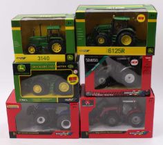 One box containing 6 various Britains 1/32 scale model tractors including a Massey Ferguson 6616