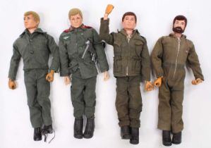 A collection of 4 vintage Palitoy Action Man Dolls, with flock hair, all dressed in various military