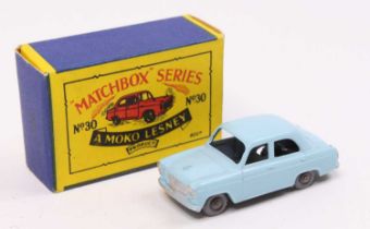 Matchbox Lesney No. 30 Ford Prefect, blue body, with grey plastic wheels, and silver trim, sold in