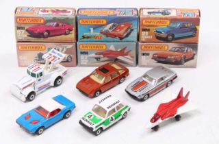 Matchbox Lesney Superfast boxed model group of 6 comprising No. 1 Dodge Challenger, No. 8 Rover