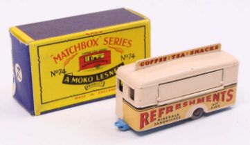 Matchbox Lesney No. 74 Mobile Refreshments Canteen, very pale pink body, with a light blue base,