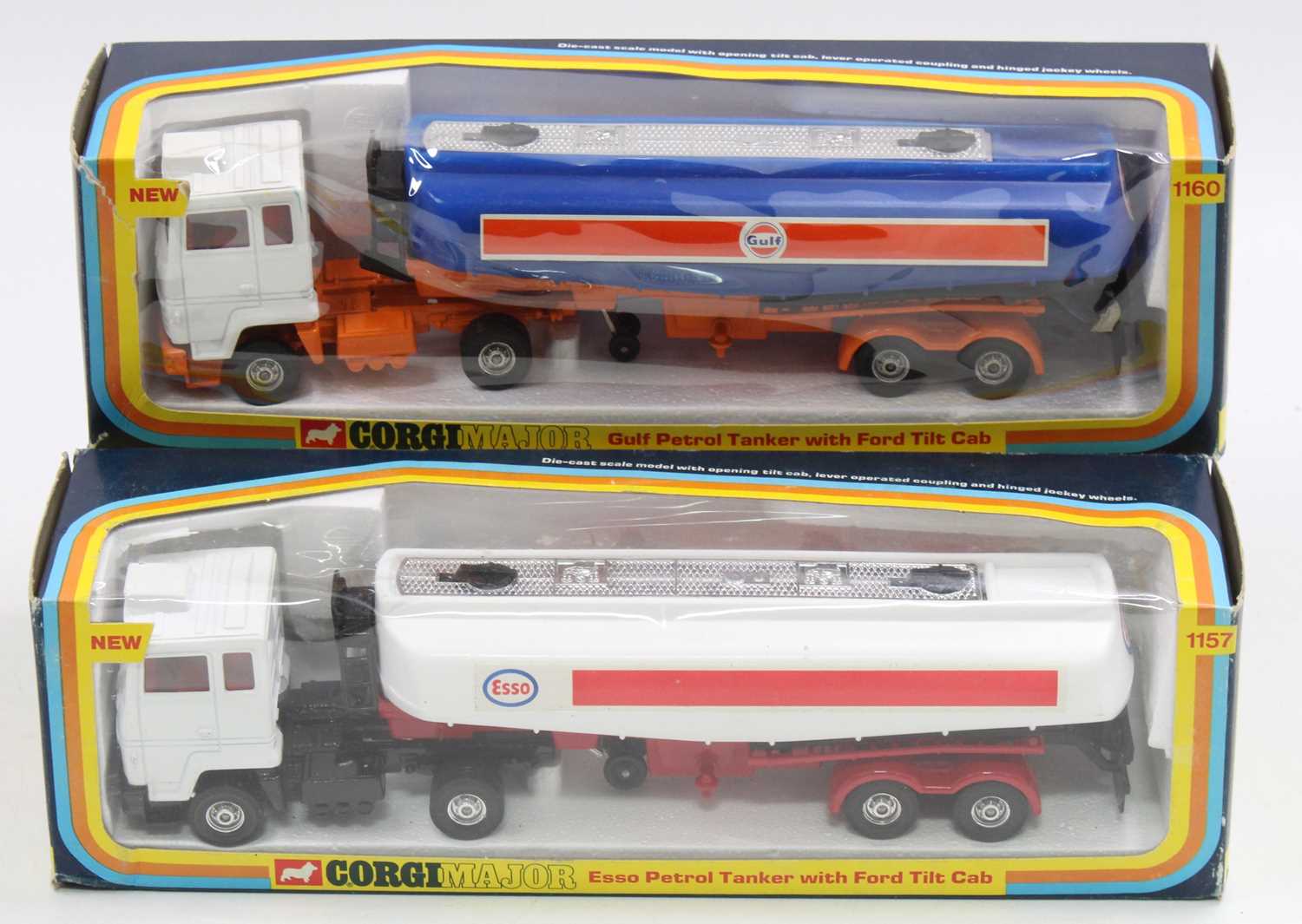 Corgi Major Toys Petrol Tanker group, 2 examples comprising No. 1157 ESSO Petrol Tanker with Ford