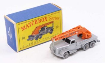 Matchbox Lesney No. 30 Magirus-Deutz Crane Truck in silver with an orange jib and silver plastic