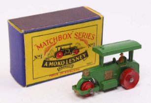 Matchbox Lesney No. 1 Road Roller, green body, with red wheels, and gold trim, 2nd issue with