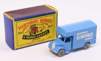 Matchbox Lesney No. 17 Bedford Removals Van, light blue body, with metal wheels, silver trim, and '