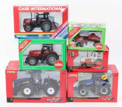 A collection of six boxed Britains, ERTL and Siku mainly 1/32 scale diecast tractors, including a