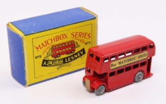 Matchbox Lesney No. 5 London Bus, red body, with metal wheels on crimped axles, rear number plate