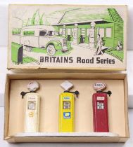 Britains Road Series No. 9681 Petrol Pump Set, comprising a Shell, a National Benzole, and an Esso