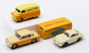 Dinky Toys model group of 3 comprising No. Porsche 356A Coupe, cream body with blue hubs, all card