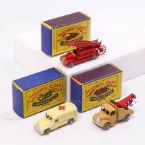 Matchbox Lesney boxed emergency services vehicle group of 3 comprising No. 9 Dennis Fire Escape, No.