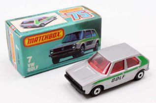 Matchbox Lesney Superfast No. 7 VW Golf, silver body, with a matt black base, a red interior, and