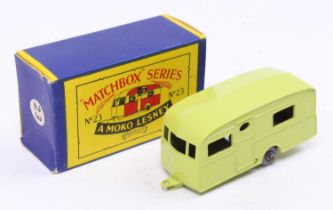 Matchbox Lesney No. 23 Berkeley Cavalier Caravan, lime green body, with grey plastic wheels, and 'On