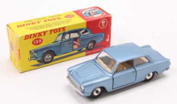 Dinky Toys No. 139 Ford Consul Cortina comprising metallic blue body with tan interior and spun