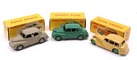 Dinky Toys boxed model group of 3 comprising No. 151 Triumph 1800 saloon, tan body with green