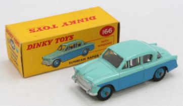 A Dinky Toys No. 166 Sunbeam Rapier saloon comprising of two-tone blue body with dark blue Supertoys