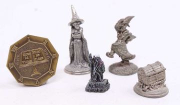 Collection of mixed pewter and white metal Terry Pratchett Discworld figures, together with a pin
