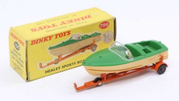 Dinky Toys, No.796 Healey sports boat on trailer, orange trailer, GPW, green deck and cream hull,