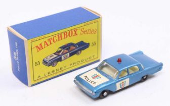 Matchbox Lesney No. 55 Ford Fairlane Police Car in metallic blue with black plastic wheels and '