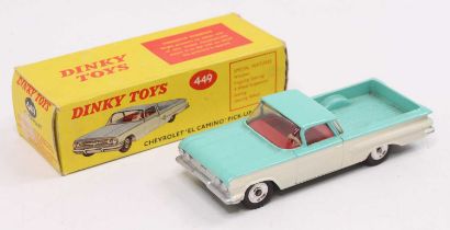 Dinky Toys No. 449 Chevrolet El Camino pickup truck comprising of turquoise and white body with