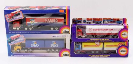 Siku boxed truck group of 4 comprising No. 3115 Volvo F12 LKW with trailer, No. 3119 MAN Box
