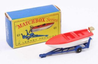 Matchbox No. 48 trailer with removable sports boat comprising of dark blue trailer with black