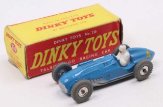 Dinky Toys No. 230 Talbot Lago Racing Car comprising blue body with white driver and racing No. 4,