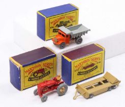 Matchbox Lesney boxed model group of 3 comprising No. 4a Massey Harris Tractor (VG-BG), No. 6 Quarry