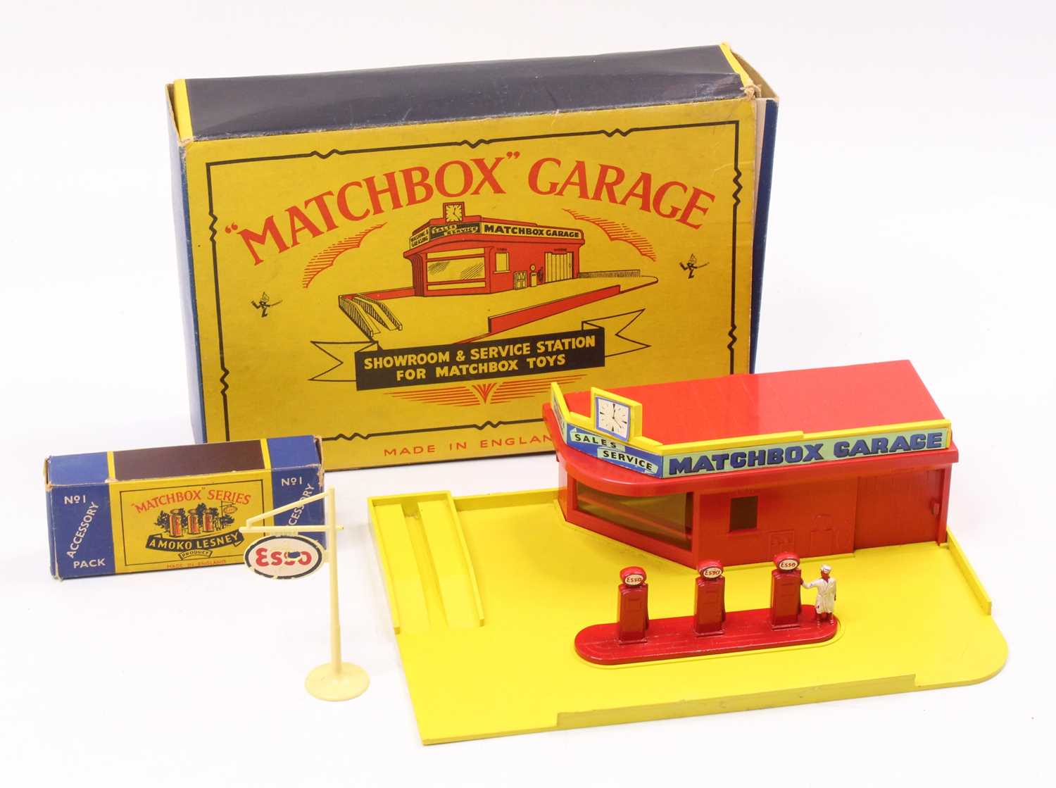 A Matchbox Lesney MG1 Garage, Showroom & Service Station for Matchbox Toys comprising a yellow and