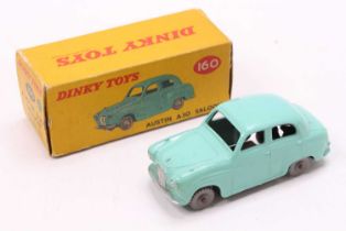Dinky Toys No. 160 Austin A30 saloon comprising of turquoise body with grey plastic wheels in the